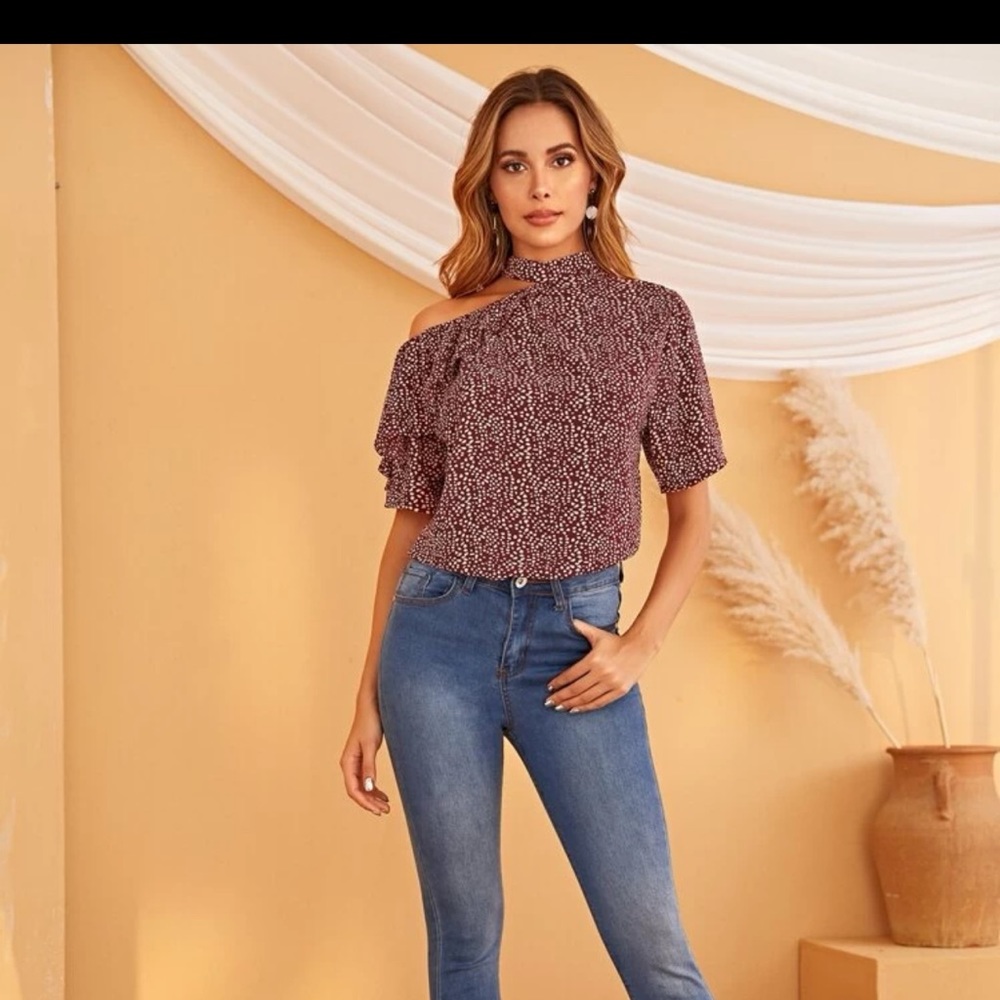 New graphic print asymmetrical neck top